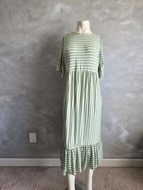 Yours Limited Collection Green Striped Jersey Summer Dress Tiered Maxi UK 16